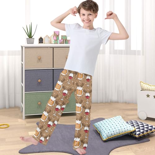 Boy's Lounge Pants Funny Beer Mugs Reindeer Antler Kids Jogger Pants Elastic Long Bottoms with Pockets 6-14 Years4
