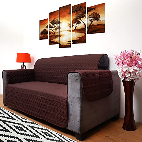Image of DREAM KING 3 Layers Reversible Sofa Cover Polyester Single Seater Quilted Sofa Cover with Side Pockets Coffee & Beige