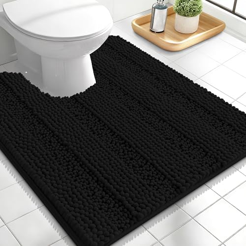 Image of OLANLY Thick Toilet Rugs U-Shaped 24x20, Extra Soft Absorbent Chenille Striped Contour Bathroom Rugs for Toilet, Dry Quickly, Machine Washable, Non-Slip Bath Mat, Black