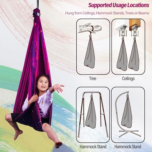 Sensory Swing for Kids & Adults Holds up to 300lbs Indoor & Outdoor Double Layer Therapy Cuddle Swing with 360° Swivel Hanger Kit for Calming, Effect for Autism, ADHD or SPD. (Galaxy Purple) - Image 6