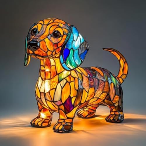 Nachtlicht katze und Hund, LED Katzenlampe/Hundlampe Mosaik, Tischlampe aus gebeiztem Harz, Niedliche HundFiguren Lampe mit Warmem Licht für Vintage Deko, Buntglas-Tierform (A)