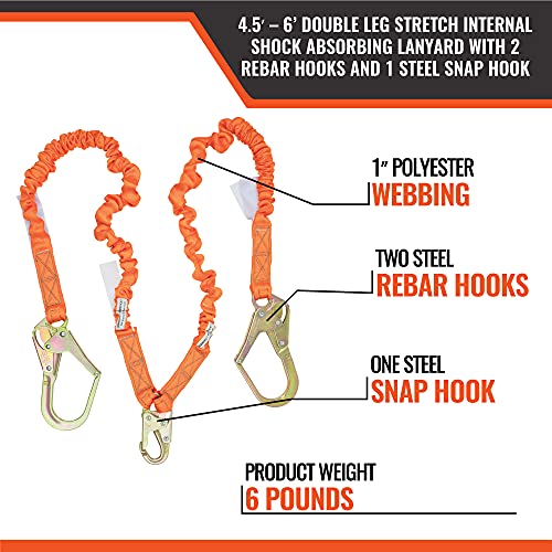 Image of Malta Dynamics 4.5' to 6' Fall Protection Double Leg Stretch Internal Shock Absorbing Lanyard with 1 Steel Snap Hook and 2 Rebar Hooks, OSHA /ANSI Compliant