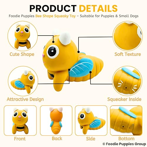 Image of Foodie Puppies Dog Squeaky Chew Latex Rubber Toy - (Bee) | for Small Dogs & Puppies | Durable, Soft, Animal Design, Fetch & Chew Safe Play Toy | Reduce Separation Anxiety (Size: 10cm)