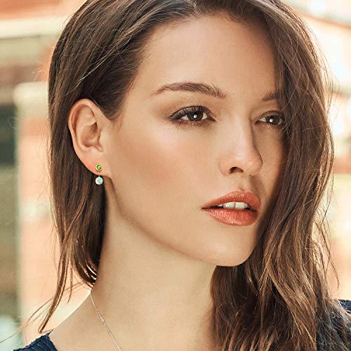 Gem Stone King 14K Yellow Gold White Opal and Green Peridot Dual Drop 2 Stone Round Earrings for Women (3.10 Cttw, Gemstone Birthstone, Round 6MM and 5MM)3