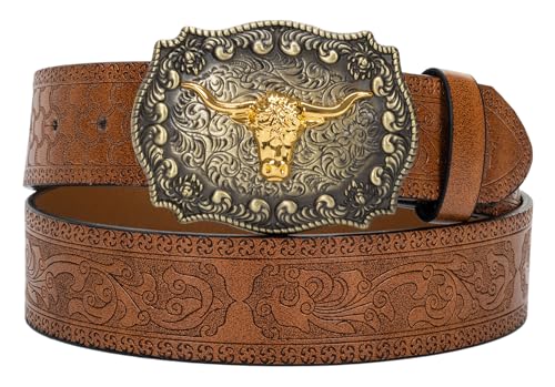 Western Cowboy Buckle Belts for Men Women - PU Leather Long Horn Floral Engraved Cowgirl Belt for Jeans