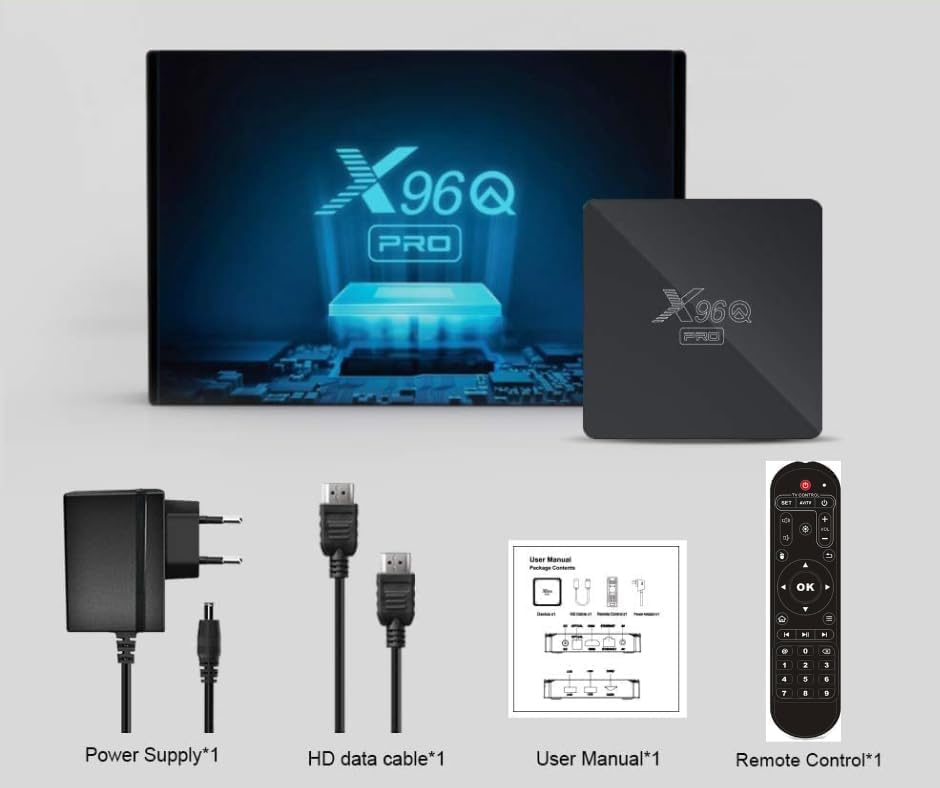 X96Q Pro streaming box running Android 10 with various app icons