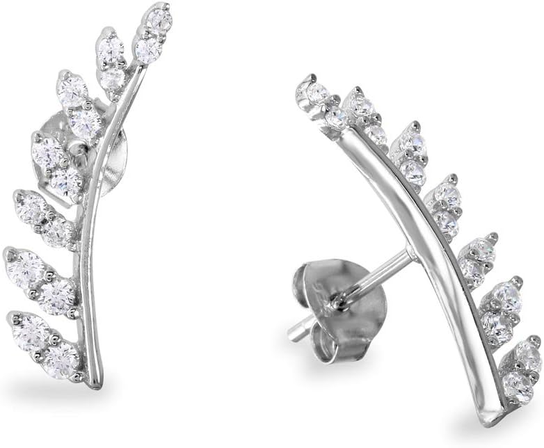 Sterling Silver Rhodium Plated Leaf with CZ Earring