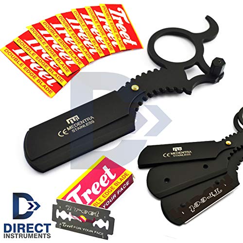 Professional Black Finger Insert Handle Razor Barber Hair Shaving Straight Men Cut Throat Beard Styling With FREE Blades