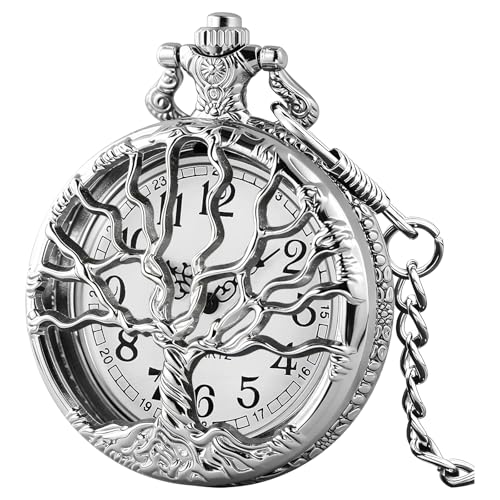 Image of Tiong Pocket Watch Hollow Tree of Life Design Roman Numerals Engraved Bible Verse Quartz Pocket Watch with Chain Custom Pocket Watch Birthday Gifts
