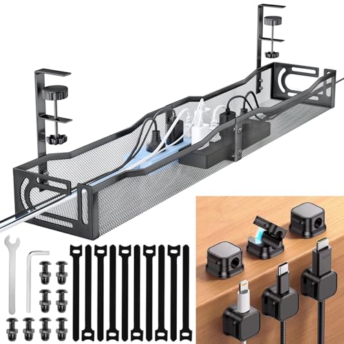 NoetixCo Cable Management Under Desk 25.3 No Drill Desk Cable Management Tray with Clamp Metal Cord Organizer for Standing Desk Computer Wire Management for Home Office & Gaming Setup Black