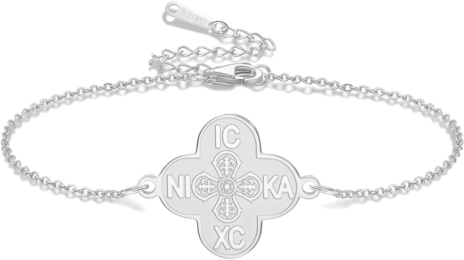 Eouyt Orthodox Cross Bracelet IC XC NIKA with Four Leaf Clover Design, Stainless Steel Adjustable Handmade String Christian Jesus Religious Faith Gift Jewellery, Silver