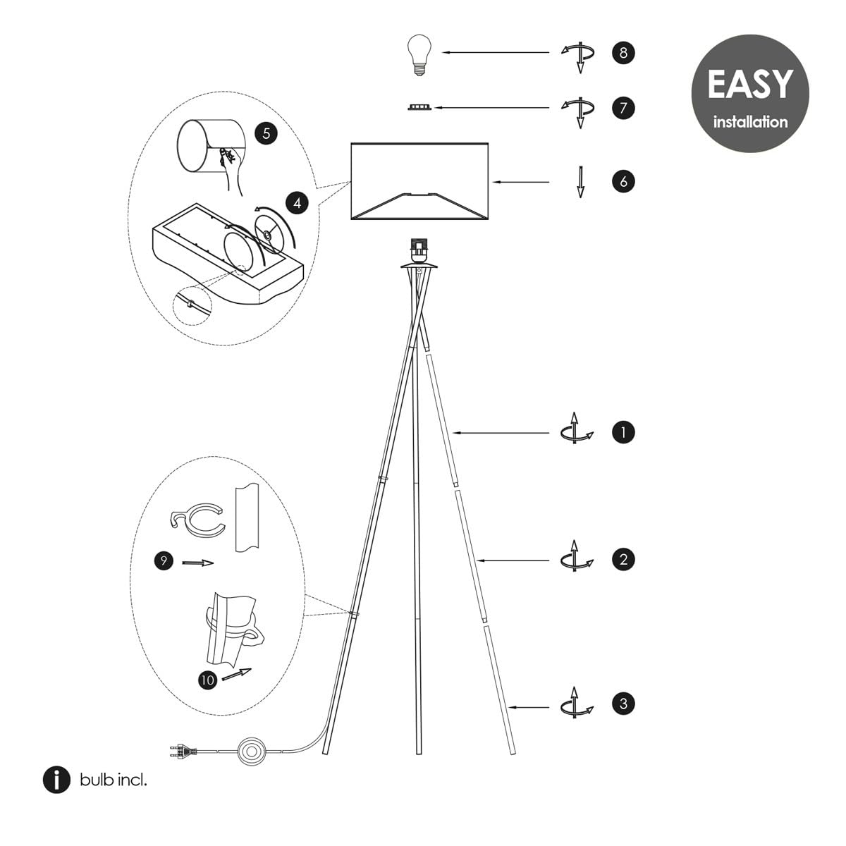Home sweet Home Dreibein-Stehlampe - Schwarz mit schwarzem Stoffschirm, 138 cm