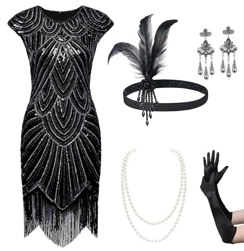 BABEYOND 1920s Flapper Dresses Set 20s Great Gatsby Dress 1920s Fringed Dress with Accessories Set