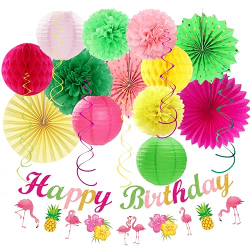 Image of Hawaiian Luau Birthday Party-Decorations Supplies - 21pcs Happy Banner,Beach Paper Lanterns Honeycomb,Flamingo Pool Streamers Garland,Summer Tissue Pom Poms Flowers Fans,Tropical Tiki Decor Burgleda