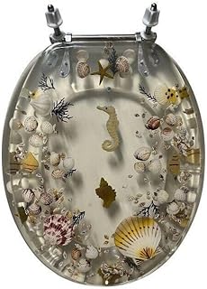 ELONGATED CLEAR JEWEL SHELL SEASHELL & SEAHORSE RESIN TOILET SEAT WITH CHROME HINGES