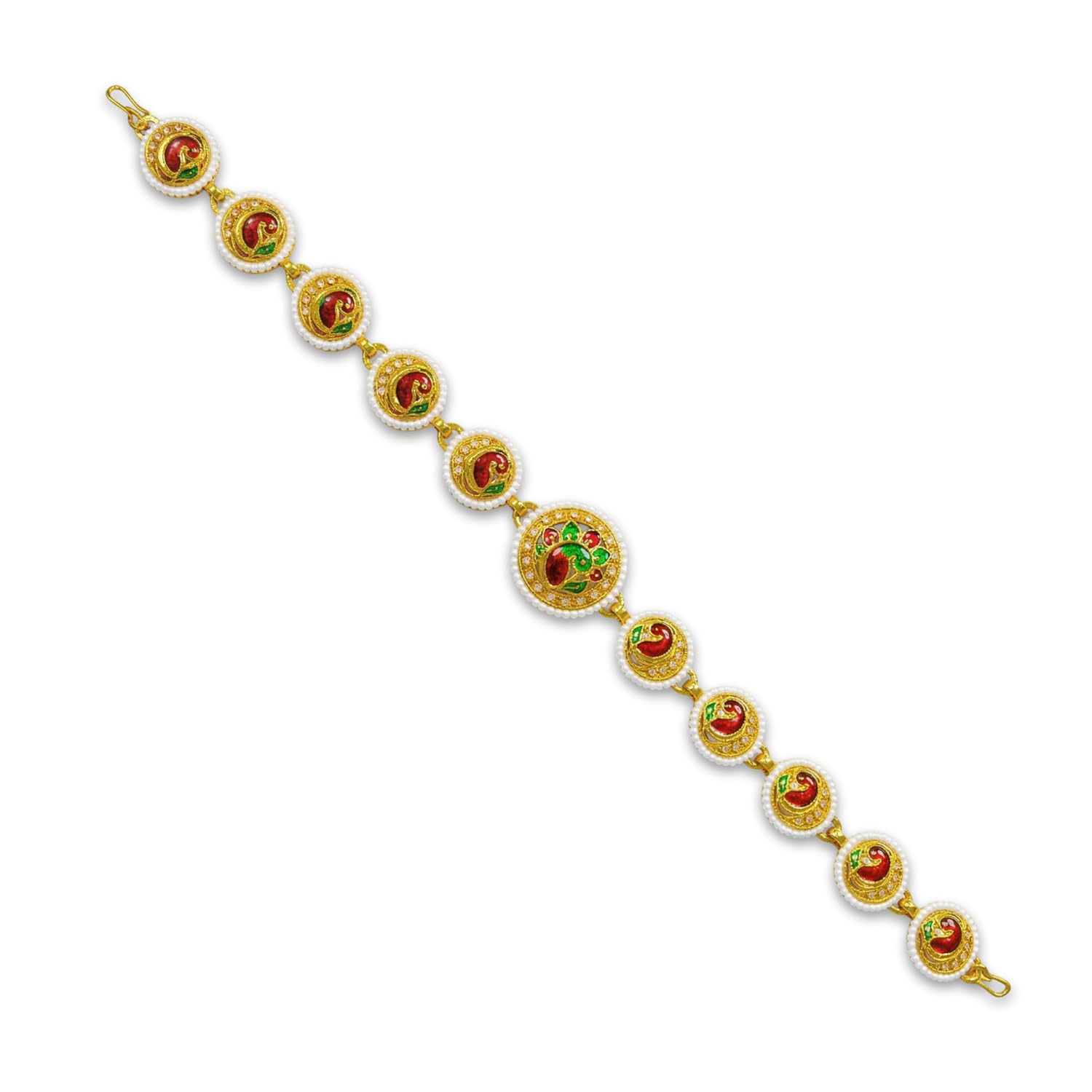 vama FASHIONS Traditional Gold Plated Peacock Design Rajasthani Rajputi Mathapatti Sheeshpatti sheeshphool White Pearl Stone Long Head Chain Matha Patti Hair Accessory for Womens-picture-14