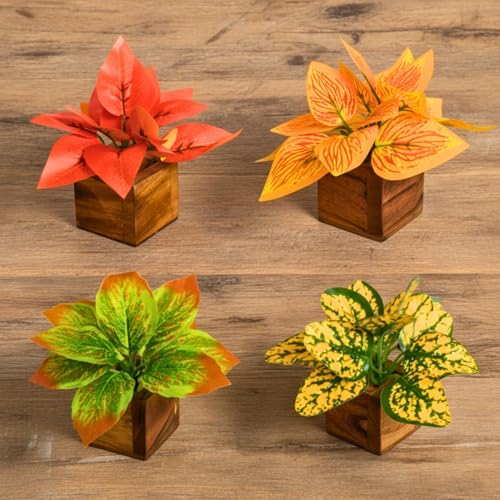 Image of DecoreBugs Artificial Leaves Potted Plants in Wooden Pot (4 Pack) Money Plant | Small Plants for Home Decor | Office Decor