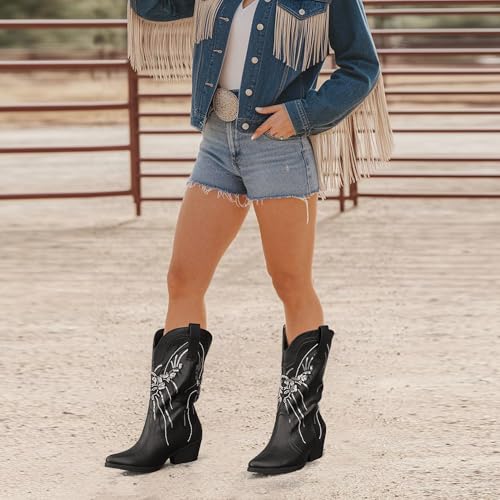 JABASIC Women's Mid Calf Western Cowboy Boots Pointed Toe Sequin Embroidered Chunky Heel Cowgirl Booties2