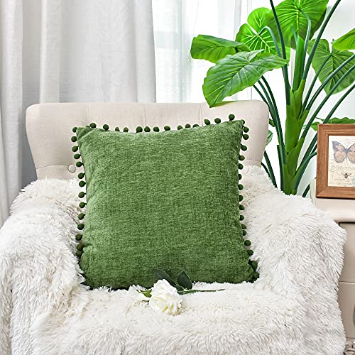CaliTime Throw Pillow Cases Pack of 2 Cozy Solid Dyed Soft Chenille Cushion Covers with Pom Poms for Couch Sofa Home Decoration 50cm x 50cm Forest Green - Image 3