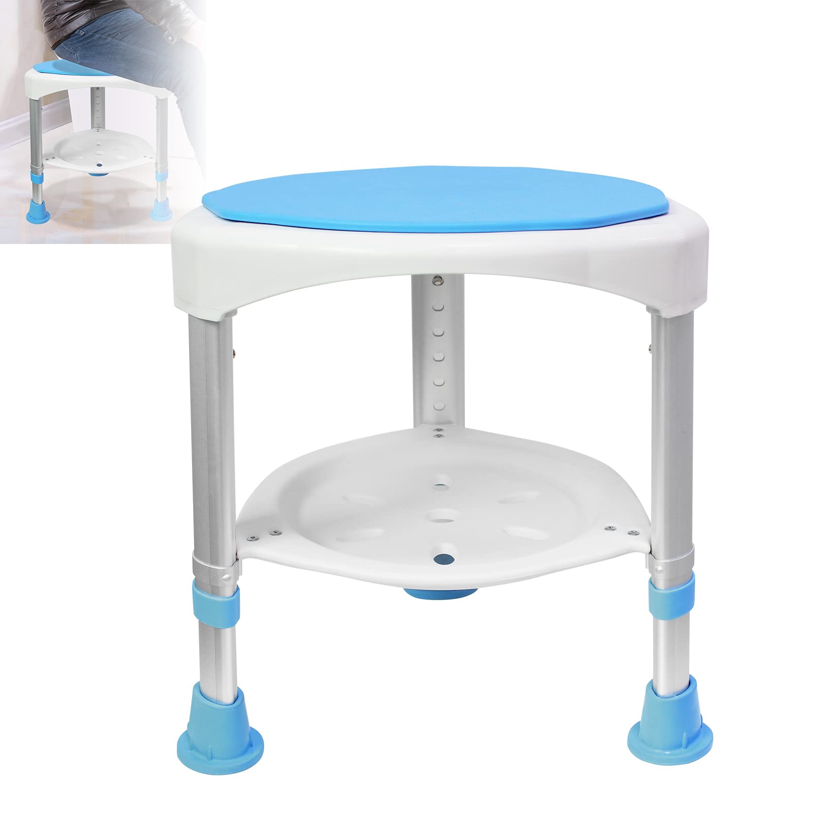 LARS360 Taburete de ducha giratorio 360°, altura ajustable, seguro y antideslizante, taburete de ducha de aluminio de hasta 200 kg con compartimento de almacenamiento para personas mayores