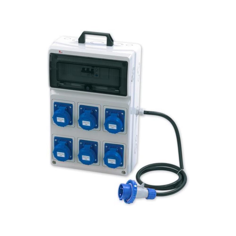 Quadro ASC portatile, 3KW 230V, IP65, 6 prese 2P+T 16A, spina 2P+T 16A, con magnetotermico differenziale e pulsante di emergenza - Rosi 2284
