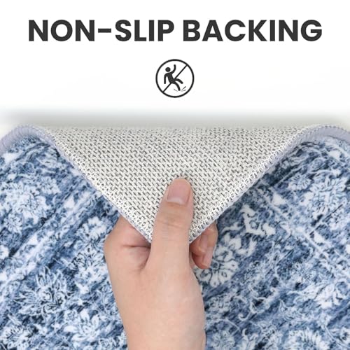 2.6x14 Blue Washable Runner Rug for Kitchen, Soft Classic Runners with Non-Slip, Non-Shedding Distressed Floral Rug for Hallways Entryway Bedroom Bathroom Laundry Indoor