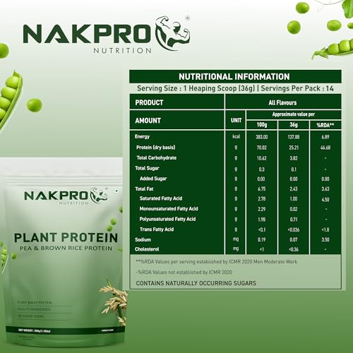Image of NAKPRO NUTRITION Plant Protein (Pea & Brown Rice Protein), Chocolate - 500g | 25.2g Protein| All Essential Amino Acids