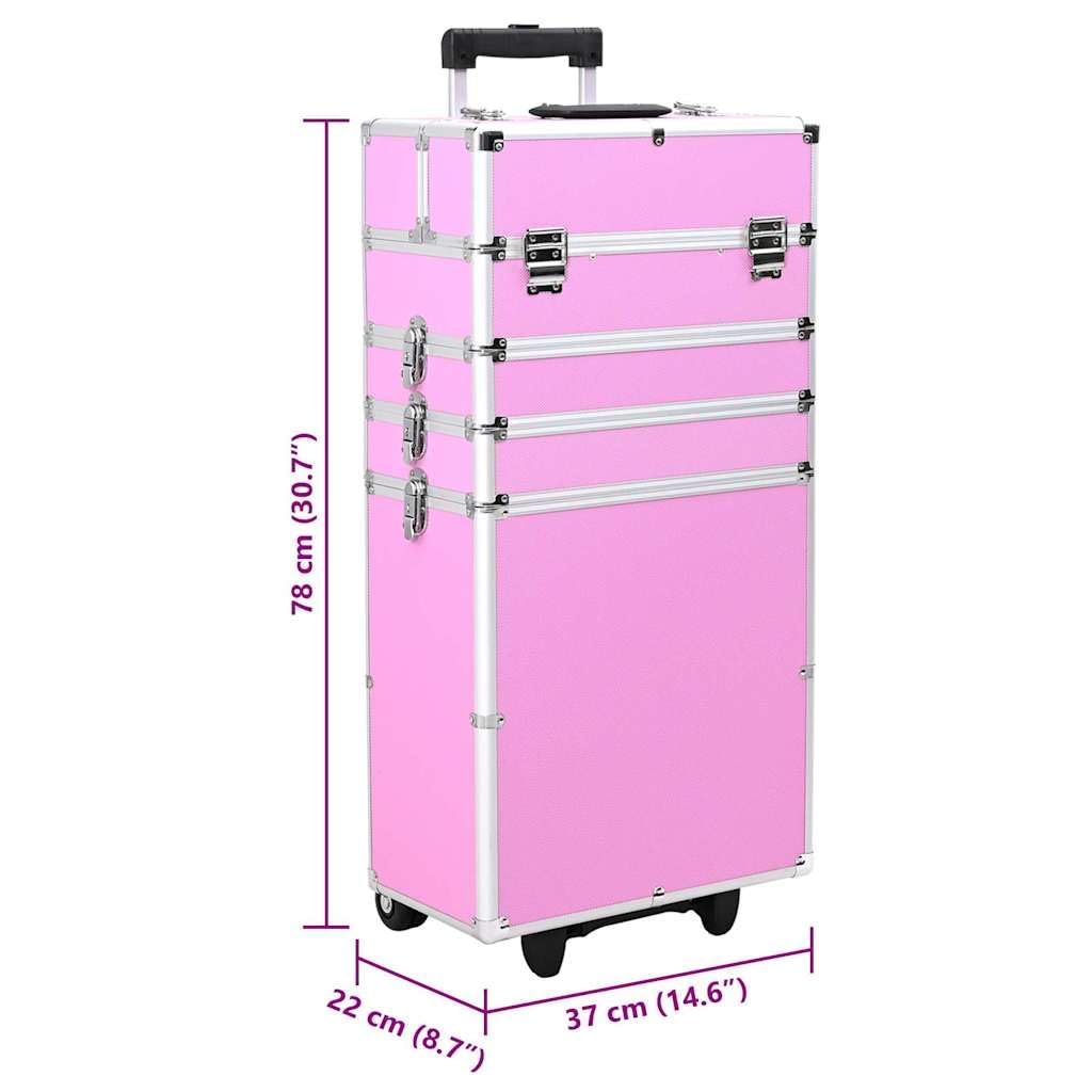 Aluminiowa walizka na kosmetyki, różowa, 37 x 22 x 78 cm, z 4 półkami wysuwanymi, 4 zdejmowane kółka, kosmetyczka podróżna do łazienki, organizer