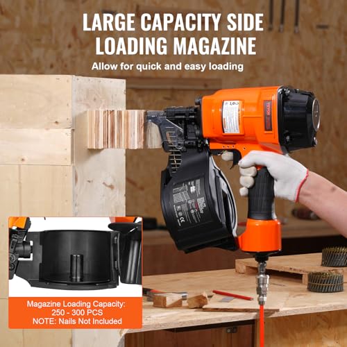 Image of VEVOR Coil Siding Nailer MCN70, 1-3 /4 inch to 2-3 /4 inch 15 Degree Pneumatic Siding Nail Gun, 70-120PSI Air Coil Nailer for Pallet, Crating, Framing, Siding and Fencing