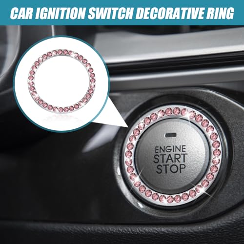 Image of 2 Pcs Crystal Rhinestone Car Engine Start Stop Decoration Ring, Push to Start Button Cover, Bling Car Accessories for Women, Key Lgnition Starter Knob Ring (Pink)