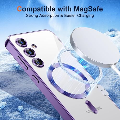 Image of VONZEE Clear Logo Electroplating Transparent Case for Samsung S25 FE 5G, Magnetic Plating [Support for MagSafe Charger] Electroplate TPU Cover, Individual Camera Protection for Each Lens - Deep Purple