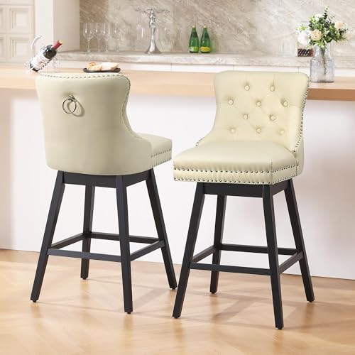 Image of Beige Swivel Bar Stools Set of 2, 30 Inch Counter Height Chairs | Swivel Faux Leather Barstools, Solid Wood Legs, Upholstered Kitchen Island Chairs with Back (Beige, 2 Pack, 30 inch H)