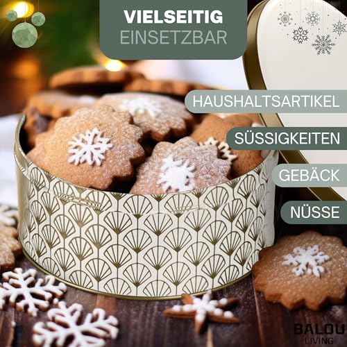 BALOU LIVING 3er Set Keksdose Weihnachten - Weihnachtskeksdosen aus Metall - Weihnachtliche Plätzchendose Blechdose, Pattern weiss/gold