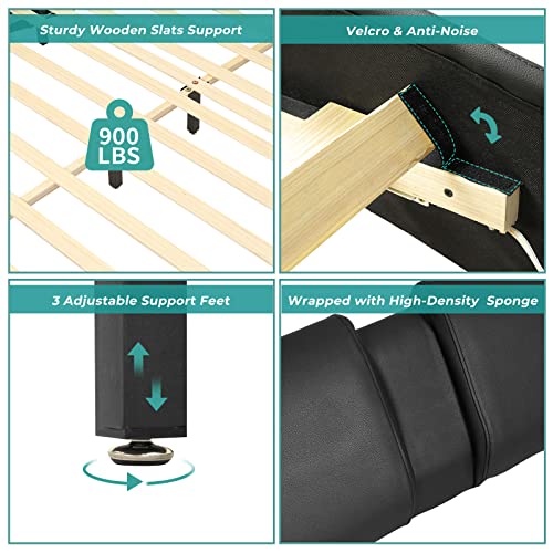 Queen Upholstered Bed Frame With Led Lights Underneath Modern Faux Leather Led Bed Frame Wave Like Curve Low Profile Platform Bed Frame With Headboard,Strong Wood Slats Support,Easy Assembly,Black #TOP7