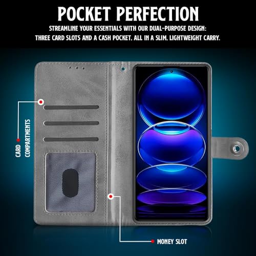 Image of WOW IMAGINE Shock Proof Flip Cover Back Case for Redmi Note 12 Pro 5G (Magnetic Button Flip Case | Wallet Pockets & Stand | Leather Finish | Aquamarine)