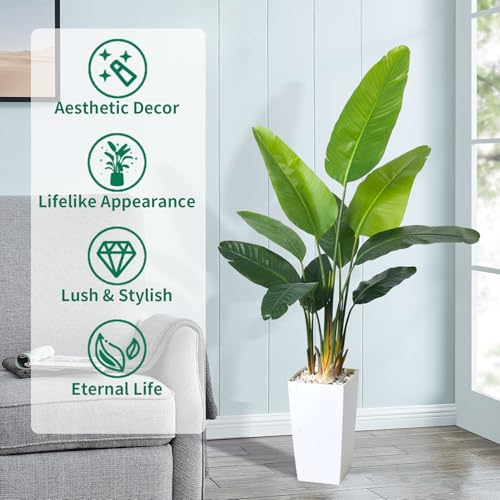 Bird of Paradise Artificial Plant 6FT, Faux Tropical Palm Tree with White Tall Planter, Large Fake Plants in Pot - Artificial Tree for Home Office Living Room Decor Indoor