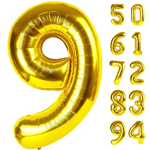 Image of Gold 9 Balloon, Number Balloon 40 Inch, Gold Party Decorations, Giant Birthday Decorations for 9th 19th 29th 90th, Number 9 Balloon