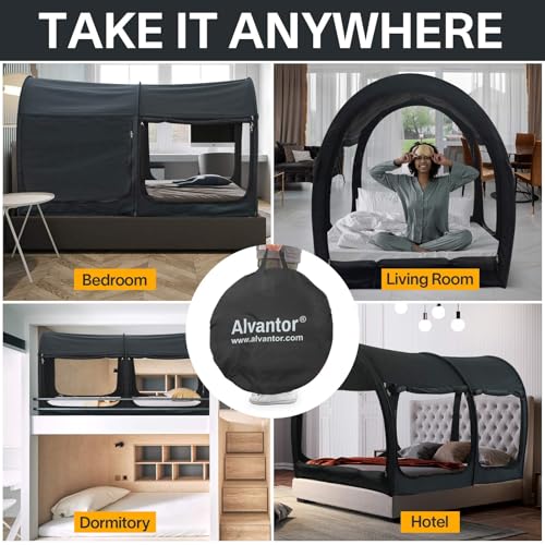 Image of Alvantor Bed Canopy Bed Tents 2-in-1 Dream Tents Privacy Space Twin Size Sleeping Tents Indoor Pop Up Portable Frame Curtains Breathable Gray Cottage Reducing Light & Air Ventilation