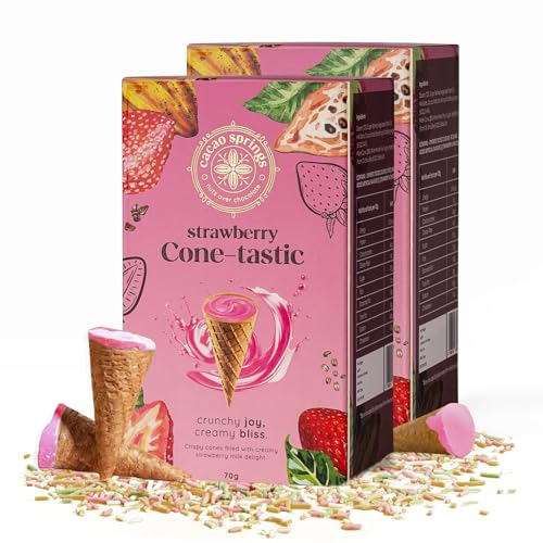 Image of Cacao Springs Strawberry Conetastic Gift Box, Premium Choco & Nut Delicacy Treats, Mini Wafer Cones, Luxury Chocolate Gift Hamper for Christmas Gifts, 2 Boxes, 140gm