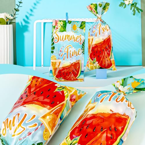 Cxryrzhe Zellophanbeutel für Leckereien, Sommer-Stil, Wassermelone, Zellophan, Süßigkeiten, Kekse, Geschenktüten, 12,7 x 26,7 cm, mit Bindebändern für Snacks, Bäckerei, Geburtstag, Hochzeit, Party, 50