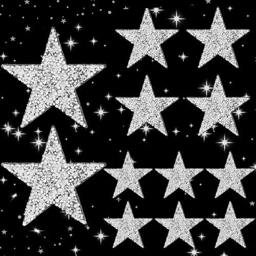 Xinfin 12 Pcs 3 Sizes Iron-on Star Rhinestone Patches - Adhesive Bling Repair Patches Glitter Iron On Star for Jeans,Jackets,Caps,Dress,Bag,DIY Clothing Repair (Silver)