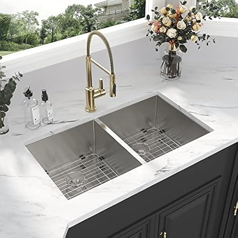 Kichae Undermount Kitchen Sink 33 Inch Stainless Steel Sink 33"x19" 18 Gauge Double Bowl Kitchen Sink 50/50 Undermount Sink Cover