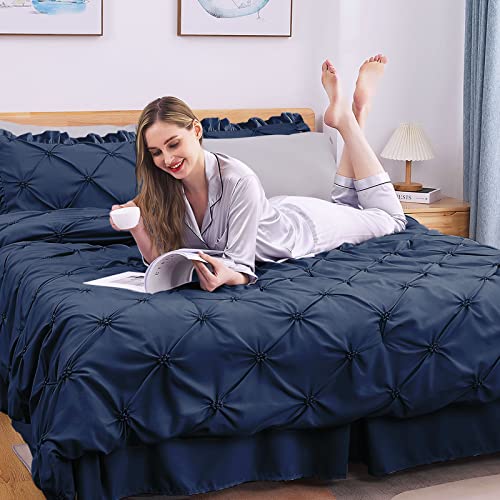 JOLLYVOGUE Queen Comforter Set 7 Pieces, Navy Blue/Gray Bed in a Bag Comforter Set for Bedroom, Bedding Comforter Sets with Comforter, Sheets,Ruffled Shams & Pillowcases