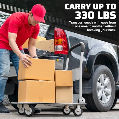 Image of Heavy Duty Foldable Push Cart Dolly | 330 lbs. Capacity | Upgraded Collapsible Hand Truck Folding Platform with Swivel Wheels | Flat Bed Moving Wagon | Space Saving Push Handle (White)