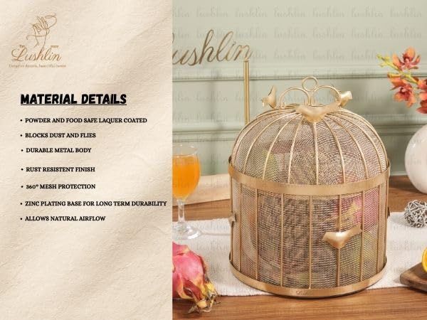 Image of Lushlin THE ORIGINAL Bulbul basket Decorative Bird Cage Fruit Basket with Mesh Cover, Metal Mesh Fruit Basket with Lid - Insect & Dust Resistant | Rust-Free Steel Countertop Fruit Holder for Kitchen