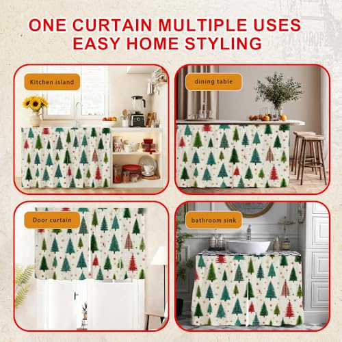 Image of Self Adhesive Evergreen Pine Tree Cabinet Curtain for Mother's Day, 39x28 Inch Forest Under Sink Skirt No Drill, Spring Cleaning Kitchen Decor, Hook and Loop Laundry Valance, Fabric Panel