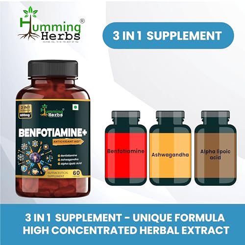 Image of Humming Herbs Benfotiamine+ 600mg with Ashwagandha & Alpha Lipoic Acid - Antioxidant & Energy Support - Promotes Nerve Health & Metabolic Function - Nutraceutical Supplement (60 Caps)