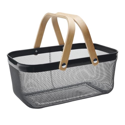 Panier Métal 16L – Ajouré Gris – Avec Anses Bois – Panier Rangement Cuisine Salle de Bain – Corbeille Fruits Légumes – Panier Polyvalent Décoration Maison – Grande Capacité – Garantie 5 Ans - 040725