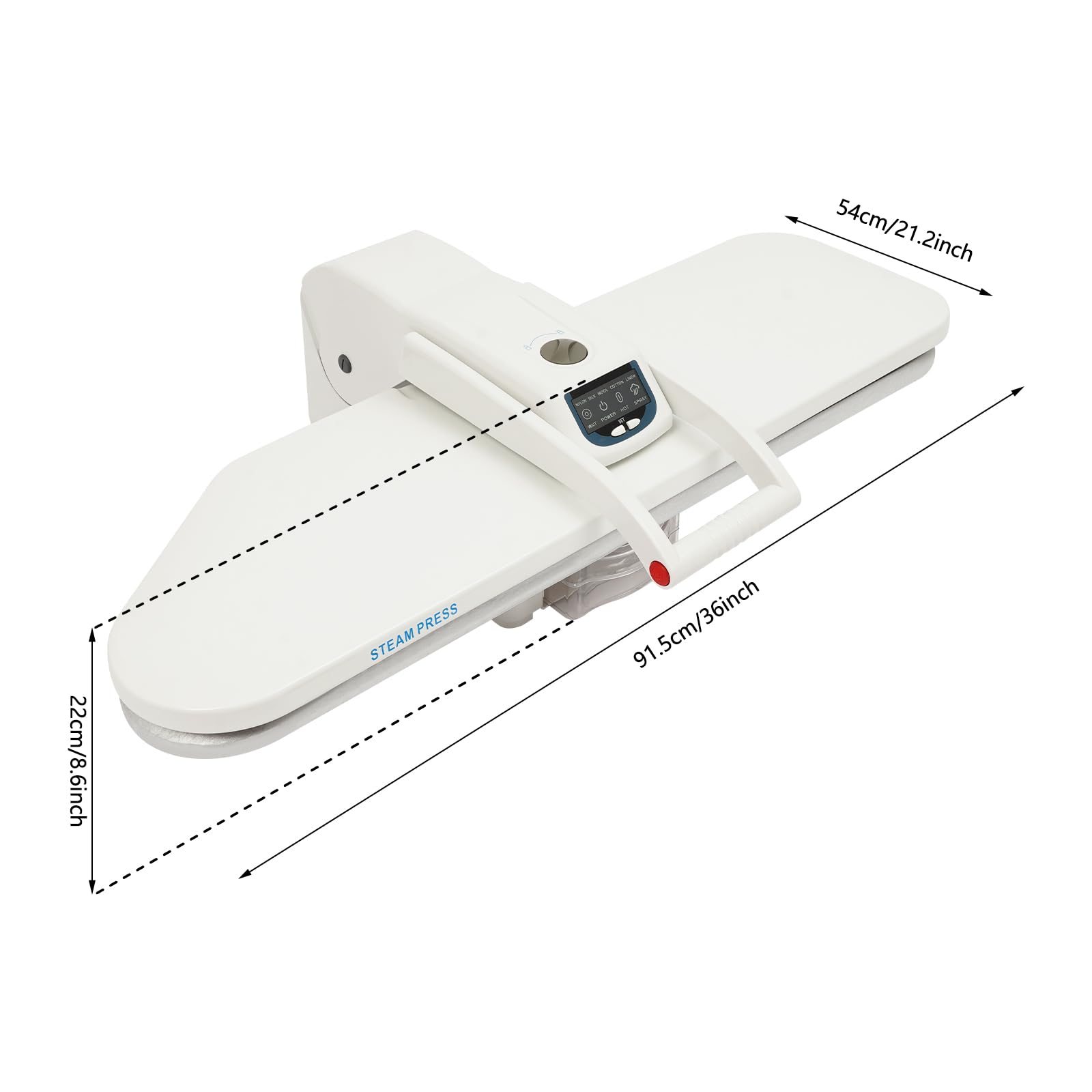 Dampfpresse 36 Zoll, 1600 W, 5 Stoffeinstellungen, LCD | 36-Zoll-Bügelfläche, 1600 W und 3 Min Vorheizen für Kleidung und Heimtextilien.
