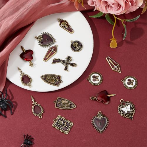 DICOSMETIC 24Pcs 12 Styles Halloween Charm Gothic Style Charm Black Red Alloy Charms Rose Skull Heart Sword Pendant Coffin Pendants Crafting Dangle Charm for Jewelry Making - Image 4